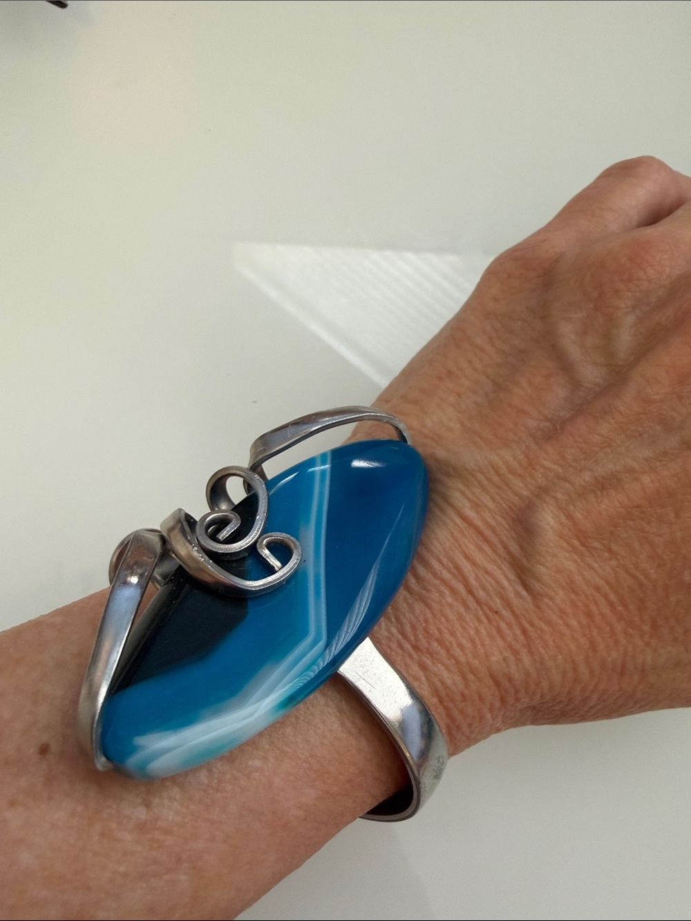 Unique Stainless Steel (Fork) Blue Agate Statement Bracelet
